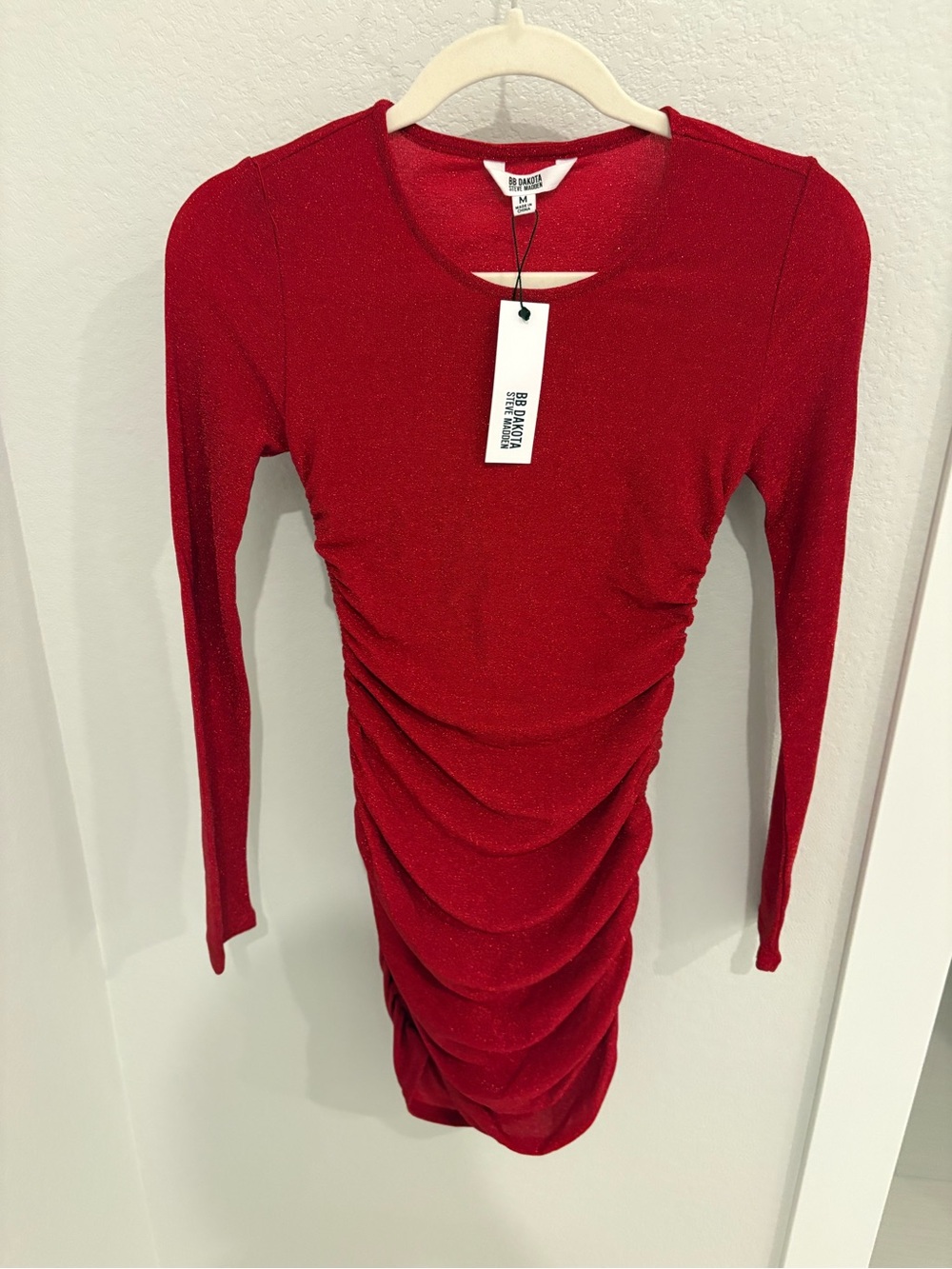 BB Dakota Sparkle Red Ruched Long-Sleeve Bodycon Dress
